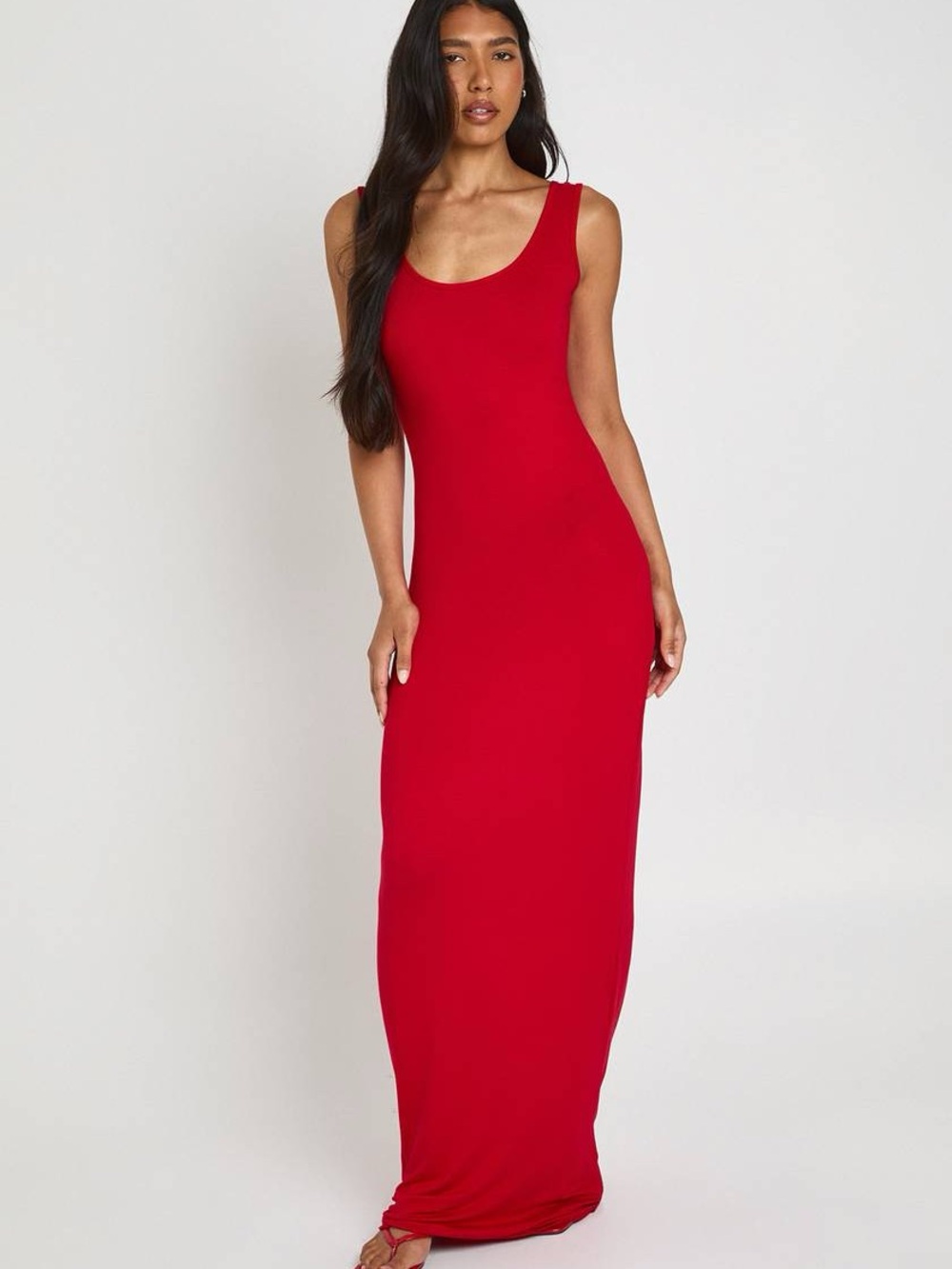 Go Couture Sleeveless Red Maxi Dress - Ruched Side Scoop Neck